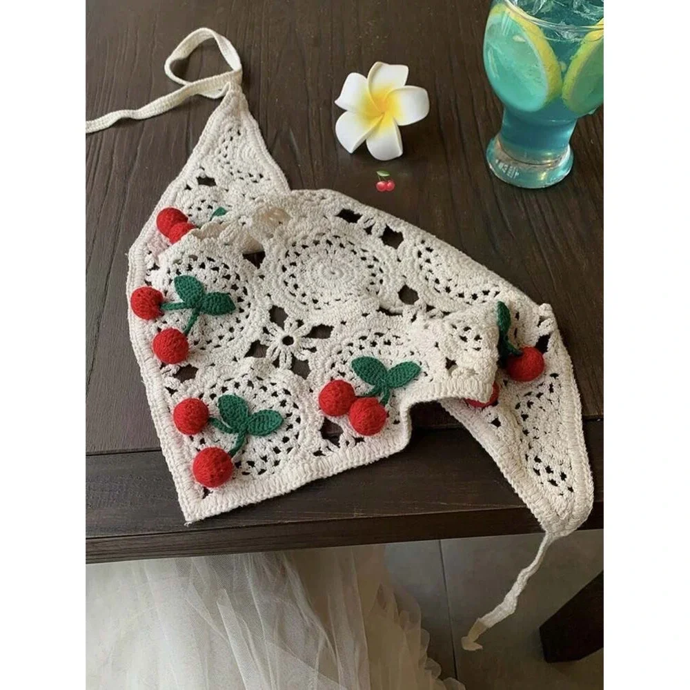 Crochet Cherry Bandana Head Scarf Boho Cottagecore Kerchief Cream
